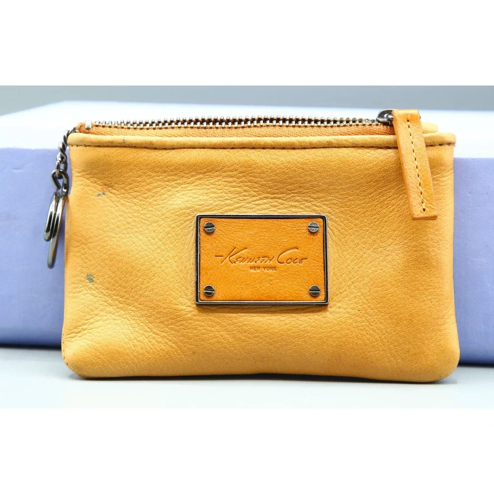 Kenneth Cole New York Mustard Yellow Leather Coin Purse Key Ring Pouch RN81633